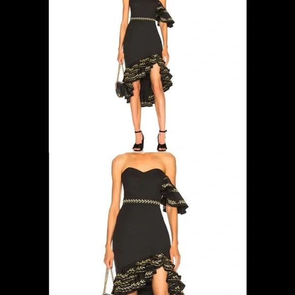 Caroline Constas Black Gold Cam Ruffle Embroidered Dress XS 0 - Picture 3 of 8